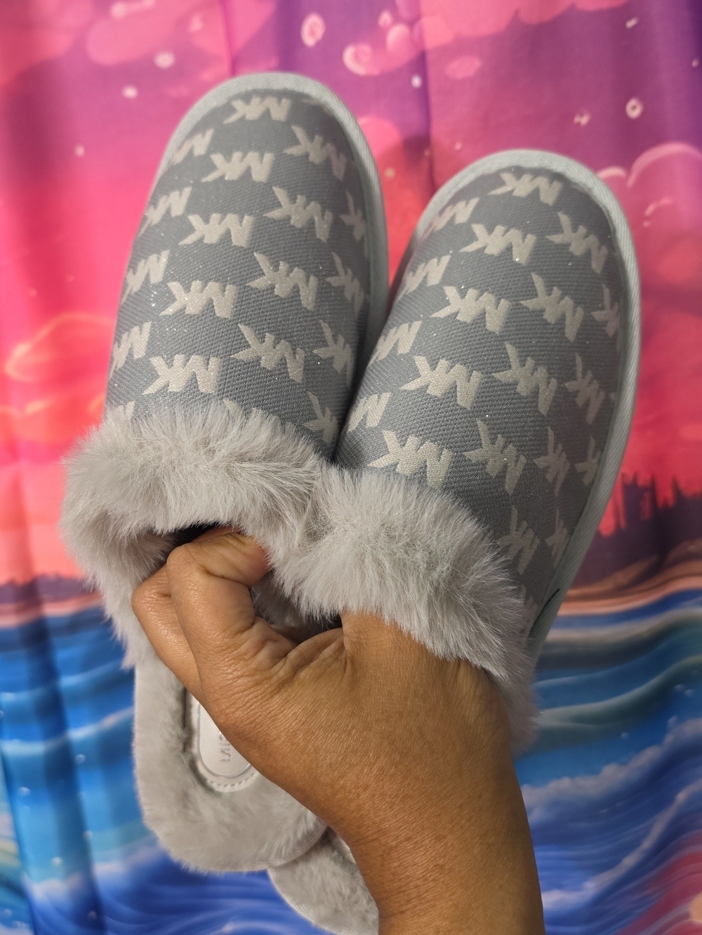 Michael Kors Light Gray MK Logo Slip-On Fur-Trim Slippers